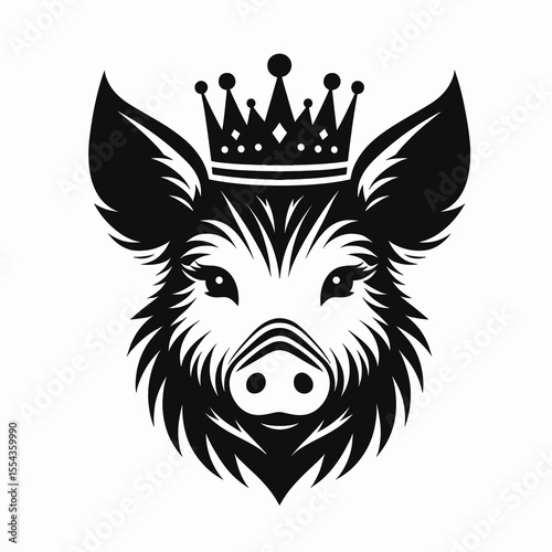 A boar Wear Princess Crown. Cartoon Animal Clipart Silhouette Vector Illustration Line Art Illustration. Hog sport regal headpiece creature play act forest pig adorn jewel tiara.