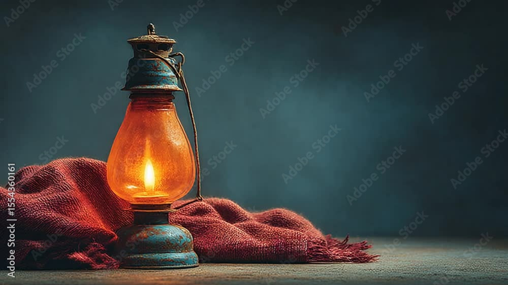 Vintage Lantern Still Life: Warm Glow of an Antique Oil Lamp and Rustic Textile