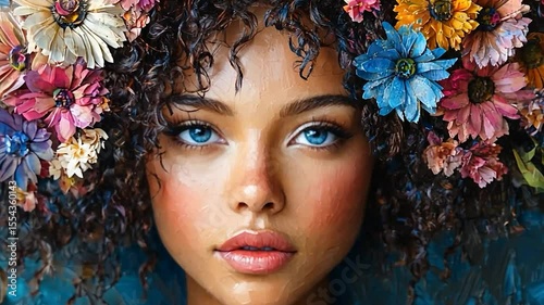 Portrait of a woman with curly hair adorned with a vibrant flower crown against a teal background, painted in an impasto style.
