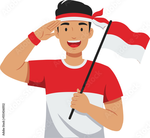 Patriotism and Freedom on 17 August 1945 Anniversary, Vector Illustration of a Proud Individual Saluting with Flag Indonesia