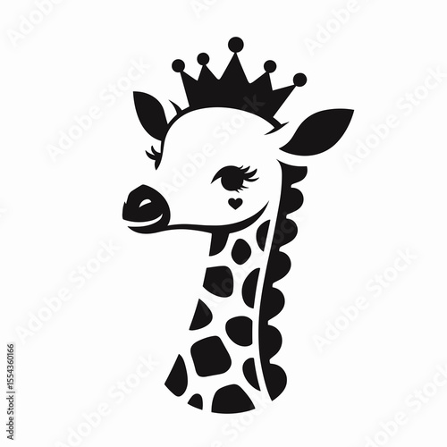 A Giraffe Wear Princess Crown. Cartoon Animal Clipart Silhouette Vector Illustration Line Art Illustration. Tall mammal with headgear kingdom tiara regal fashion.