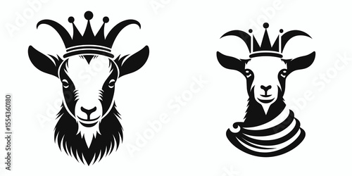 A Goat Wear Princess Crown. Cartoon Animal Clipart Silhouette Vector Illustration Line Art Illustration. Farm with royal headwear tiara jewel decoration.