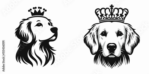 A Golden Retriever Dog Wear Princess Crown. Cartoon Animal Clipart Silhouette Vector Illustration Line Art Illustration. Lovely canine wearing regal headgear pet in royal decoration.