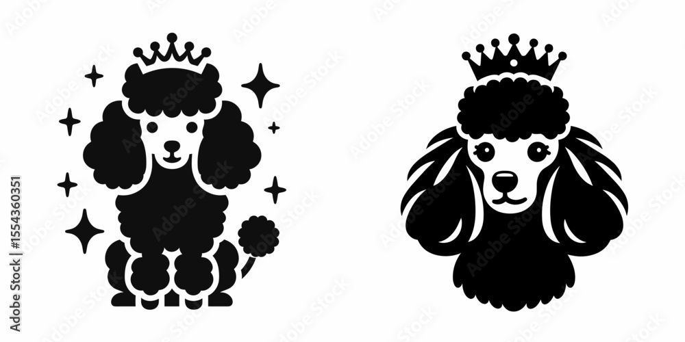 Obraz premium A Poodle Dog Wear Princess Crown. Cartoon Animal Clipart Silhouette Vector Illustration Line Art Illustration. Canine in royal headgear toy breed don formal headpiece adornment.