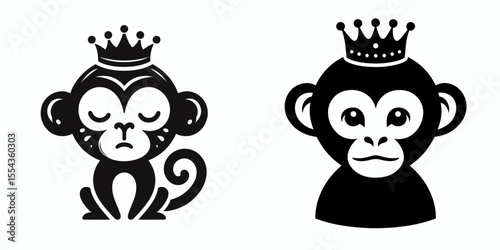 A Monkey Wear Princess Crown. Cartoon Animal Clipart Silhouette Vector Illustration Line Art Illustration. Ape adorn royal headpiece comical in costume with regal jewelry.