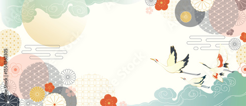 Luxury oriental pattern background vector. Chinese and Japanese oriental line art with crane bird, cherry blossom, cloud. Elegant illustration design for wall art, wallpaper, interior, packaging.