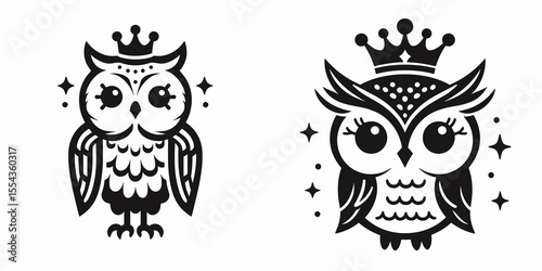 A Owl Wear Princess Crown. Cartoon Animal Clipart Silhouette Vector Illustration Line Art Illustration. Bird with royal headgear tiara decoration for feathered creature.