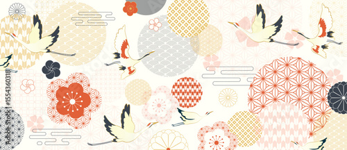 Luxury oriental pattern background vector. Chinese and Japanese oriental line art with crane bird, cherry blossom, cloud. Elegant illustration design for wall art, wallpaper, interior, packaging.