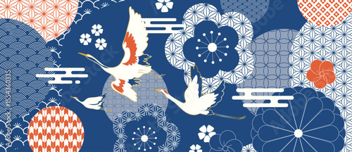 Luxury oriental pattern background vector. Chinese and Japanese oriental line art with crane bird, cherry blossom, cloud. Elegant illustration design for wall art, wallpaper, interior, packaging.