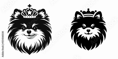 A Pomeranian Dog Wear Princess Crown. Cartoon Animal Clipart Silhouette Vector Illustration Line Art Illustration. Tiny spitz canine sport regal headgear pet with head decoration.