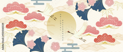 Luxury oriental pattern background vector. Chinese and Japanese oriental line art with crane bird, cherry blossom, cloud, ginkgo leaf. Elegant illustration design for wallpaper, interior, packaging.