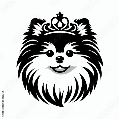 A Pomeranian Dog Wear Princess Crown. Cartoon Animal Clipart Silhouette Vector Illustration Line Art Illustration. Tiny canine in regal headgear royal cornet for pet little crown.