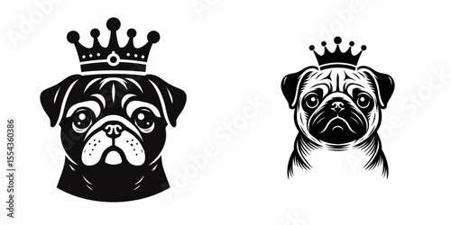 A Pug Dog Wear Princess Crown. Cartoon Animal Clipart Silhouette Vector Illustration Line Art Illustration. Canine in tiara short snout doggy with royal head decoration.