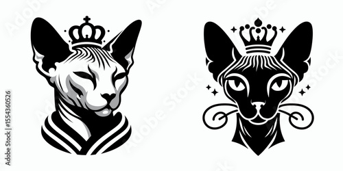 A Sphynx Cat Wear Princess Crown. Cartoon Animal Clipart Silhouette Vector Illustration Line Art Illustration. Naked feline in regal headgear hairless kitty with royal coronet.