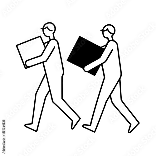 Two line art figures carrying rectangular boxes walking on background simple vector