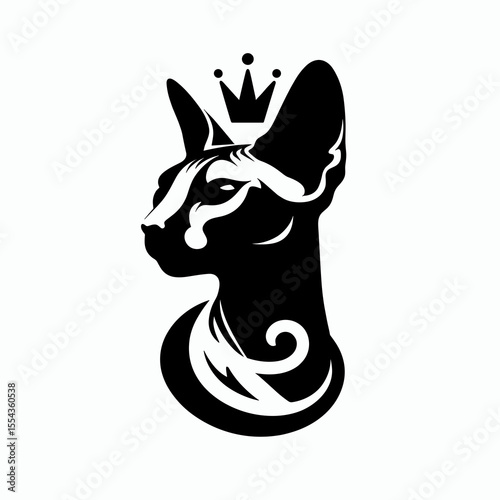 A Sphynx Cat Wear Princess Crown. Cartoon Animal Clipart Silhouette Vector Illustration Line Art Illustration. Hairless feline in regal headwear tiara on naked kitty domestic pet.