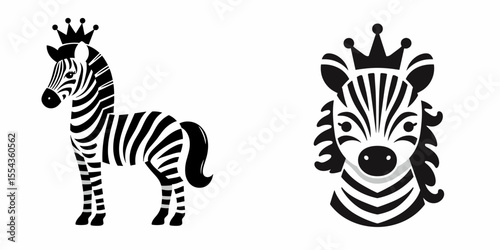 A Zebra Wear Princess Crown. Cartoon Animal Clipart Silhouette Vector Illustration Line Art Illustration. Beast with regal headgear tiara upon striped equine in majesty.