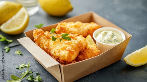Freshly fried fish fillet in a biodegradable takeaway box with lemon wedges and tartar sauce, symbolizing a classic and sustainable fast-food or seafood meal