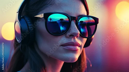 Woman in sunglasses listening to music with headphones, vibrant background.
