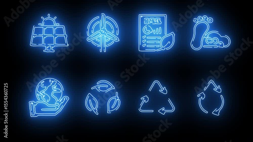 Icons about environment, nature, renewable energy and sustainability in hologram neon style
