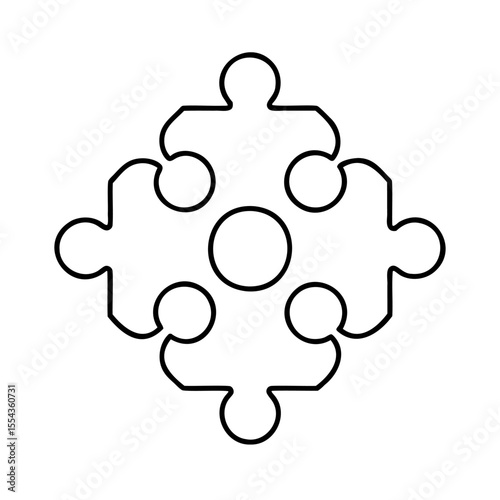 Line art puzzle pieces arranged in a diamond shape with a central circle on a background