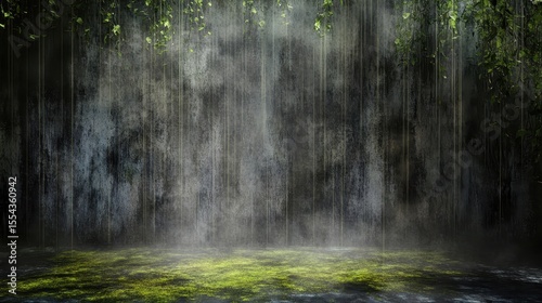 Verdant, misty interior scene against a weathered wall.