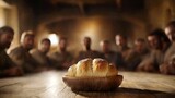 A close-up view of bread, symbolizing communion, at the Last Supper. 