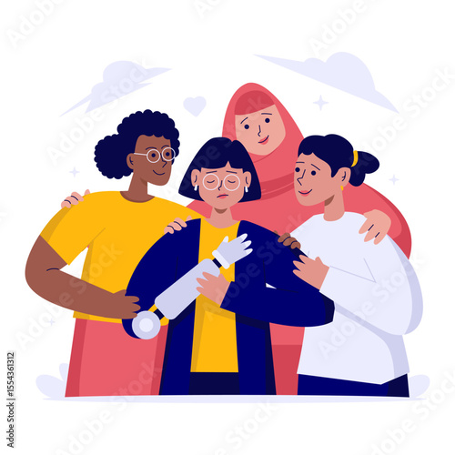 Group of women support their disabled friend flat vector illustration