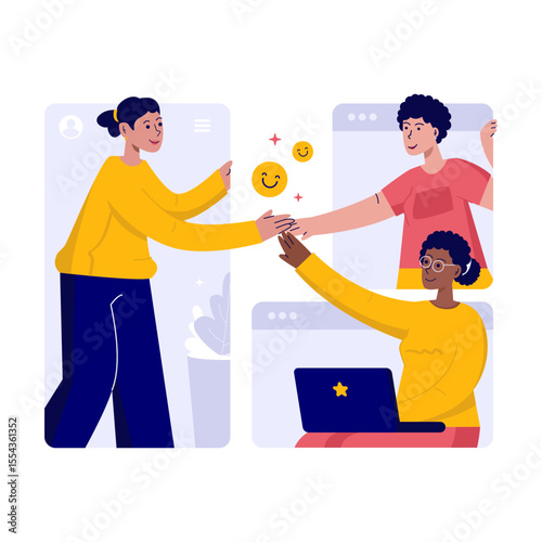 Online friendship with girls put their hands together flat vector illustration
