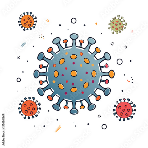 Vector Illustration of a Virus with Bold Black Outlines and Flat Colors in a Modern Graphic Style