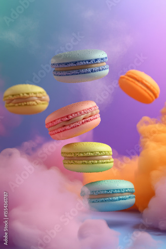 Floating pastel macarons in a dreamy cloud-filled sky