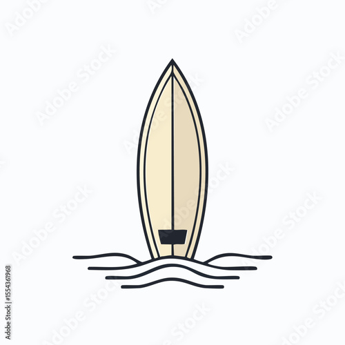 A minimalist illustration of a surfboard standing upright in the ocean waves.