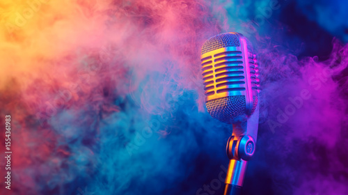 Retro Microphone in Colorful Smoke with Neon Lighting