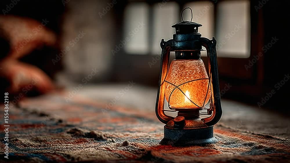 Atmospheric Close-Up of a Vintage Kerosene Lamp on an Ornate Rug Creates an Intimate Scene