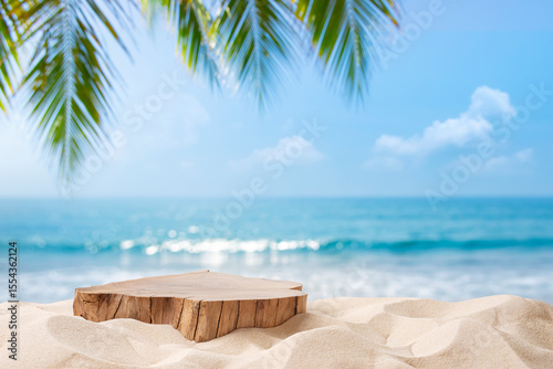 Fototapeta Naklejka Na Ścianę i Meble -  Summer tropical background with wooden podium on sand beach over blurred sea background