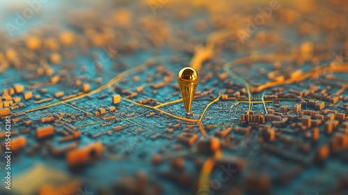 Golden map pin on  city map with rivers, navigation concept