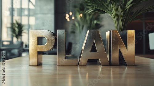 Rustic Metallic Letters Spelling PLAN on Desk in Modern Office