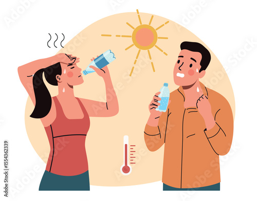 Young woman and man drinks water under the scorching sun. Hot summer weather. Vector cartoon flat style illustration