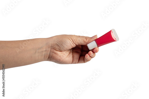 Red lipstick, small tube, and empty space and hand on transparent background.
