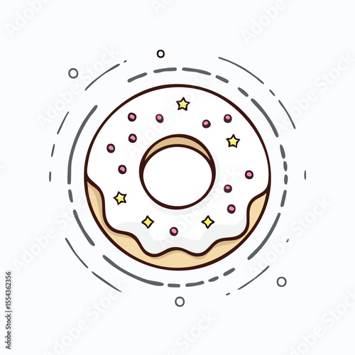 A detailed illustration of a glazed donut with sprinkles and star-shaped decorations.