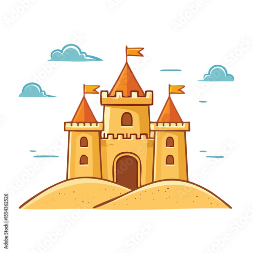 Sand Castle Vector – Bold Black Outline Illustration with Flat Colors in Modern Graphic Style