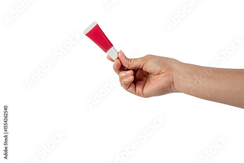 Red lipstick, small tube, and empty space and hand on transparent background.
