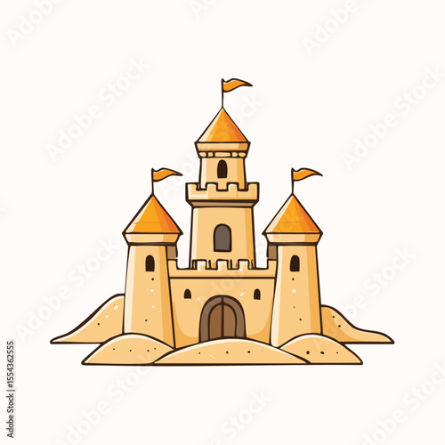 Sand Castle Vector – Bold Black Outline Illustration with Flat Colors in Modern Graphic Style