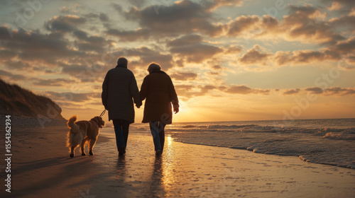 Mature couple walking dog on sandy beach at sunrise