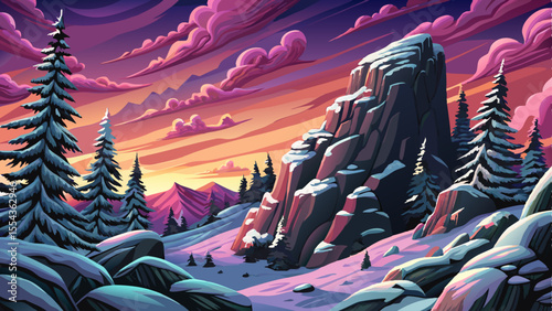 Vector cartoon of snowy winter hills and forest in gentle snowfall, ideal for Christmas designs, hiking themes, and seasonal travel concepts