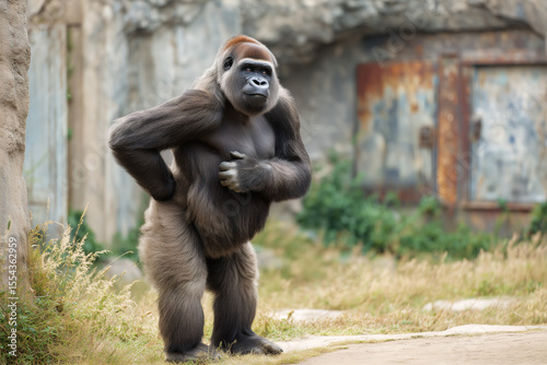 Gorilla Holding Lower Back in Pain. Anthropomorphic Animal Concept