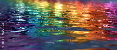 HD image of rainbow reflection passing through rippling clear water surface.