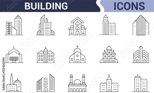 Icon Set of Different Building Structures for Architecture and Design Themes