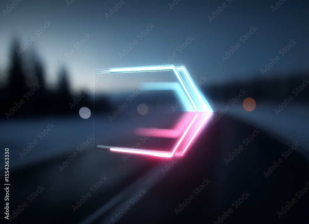 Obraz premium A dark backdrop serves as the setting for vibrant double exposure art that features a spiraling neon arrow with blue and red dynamic light trails