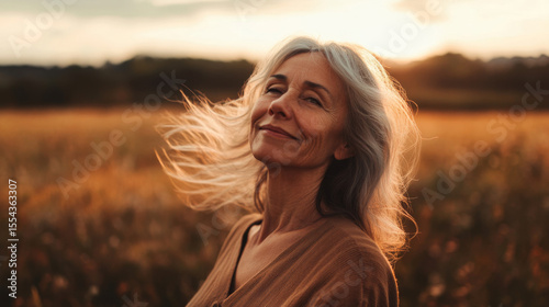 Graceful Senior Woman Enjoying Nature in a Windy Field Banner